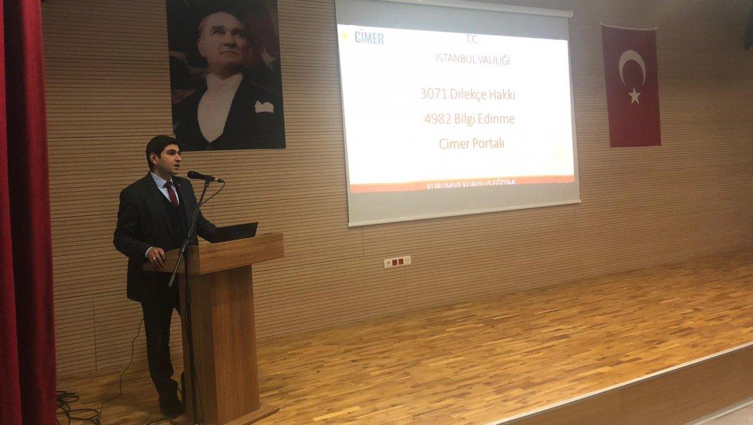 İstanbul Valiliği Cumhurbaşkanlığı İletişim Merkezi (CİMER) Eğitimi Kaymakamlık Toplantı Salonunda verildi.